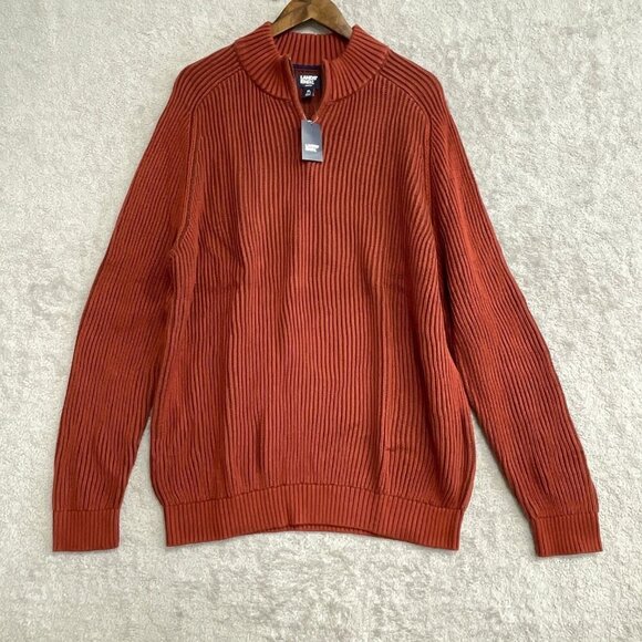 NEW Lands’ End Men’s XL Ribbed Knit Sweater Mock neck Red Rust 100% Cotton - Picture 1 of 9
